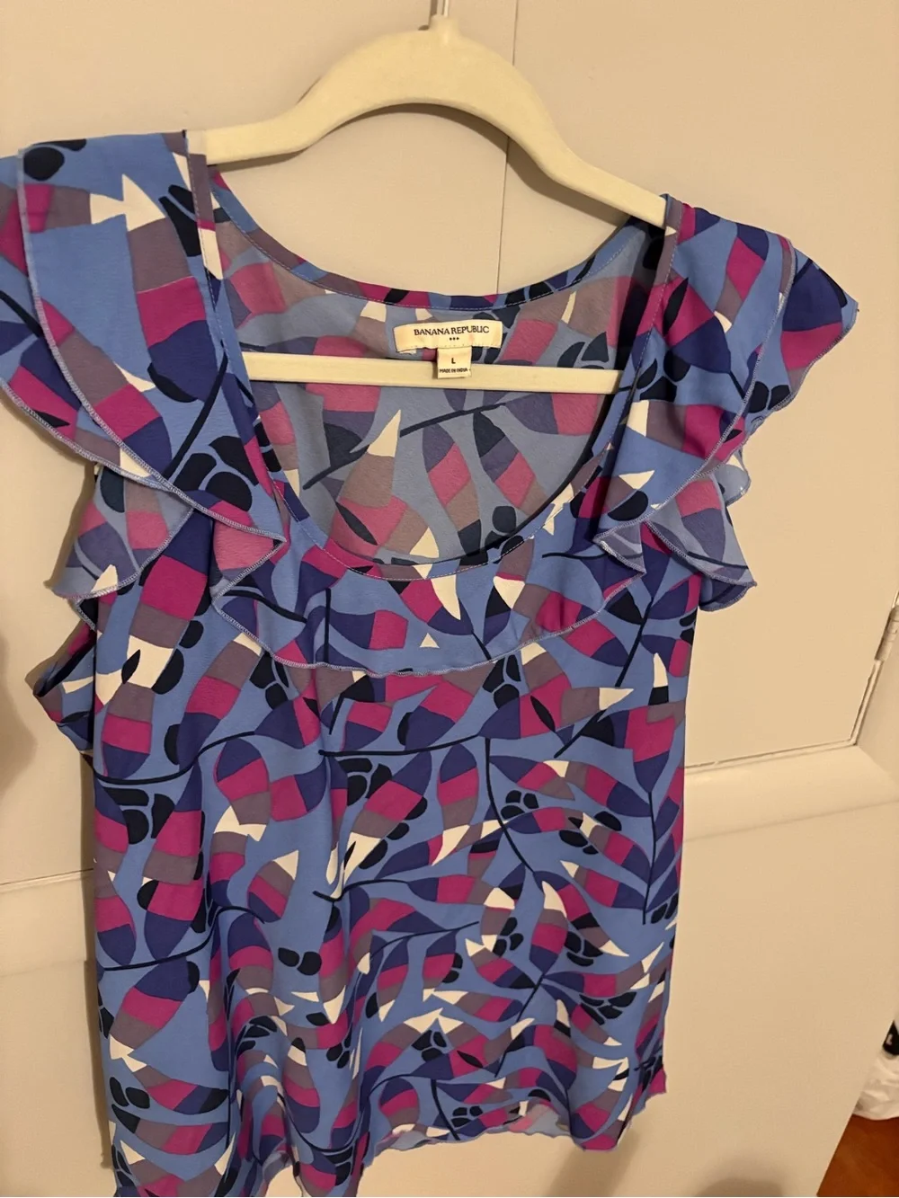 Banana Republic Blue and Pink Abstract Ruffle Shell